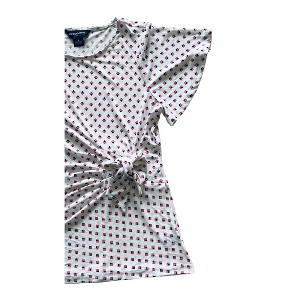 LIZ CLAIBORNE CAREER Women’s Blouse White Side Tie Diamond Print Top Size Small - Picture 9 of 10